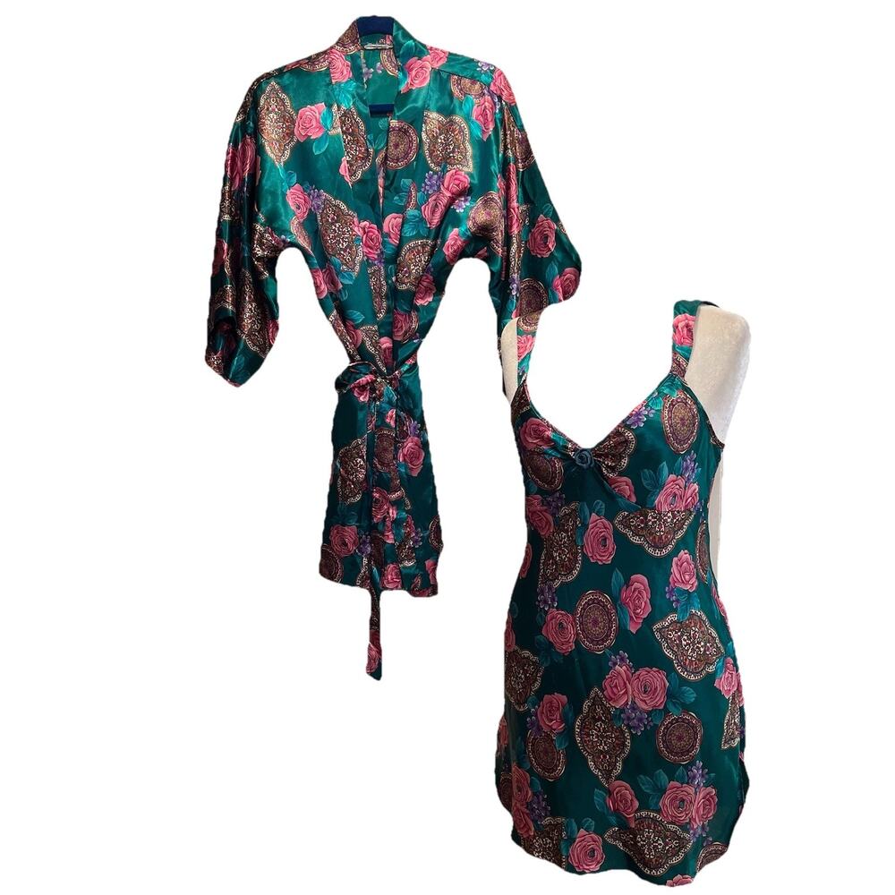 Adonna Vtg Robe + Chemise Set XL Peignoir Satin Floral Paisley Boho Cottage 90's